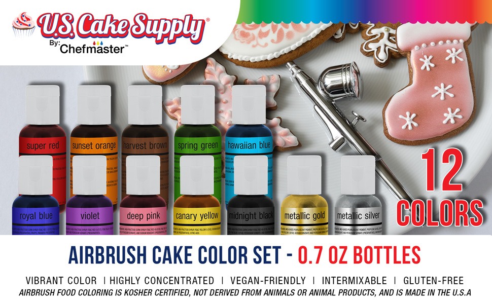 U.S. Cake Supply Airbrush Cake Color Set - 0.7oz Bottles, 12 Color set