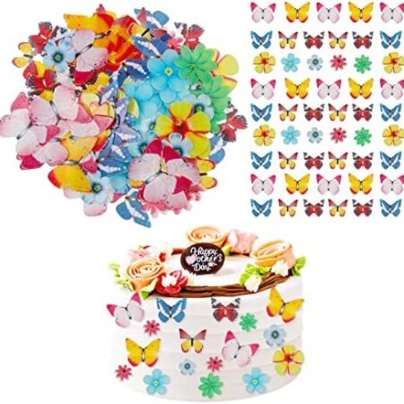 Caromoriber House 100 Pack Edible Butterfly Cupcake Toppers, Wafer Paper Cake Dessert Toppers, Edible Flowers and Butterflies for Cakes, 3D Cake Butterfly Topper for for Birthday Party