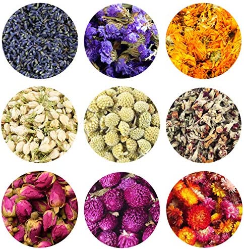 TooGet Flower Petals and Buds Includes Lavender, Forget-me-not, Marigold, Jasmine, Scindapsus aureus Flower, Albizia julibrissin, Rose, Gomphrena globosa, Strawflower, Kinds of Crafts