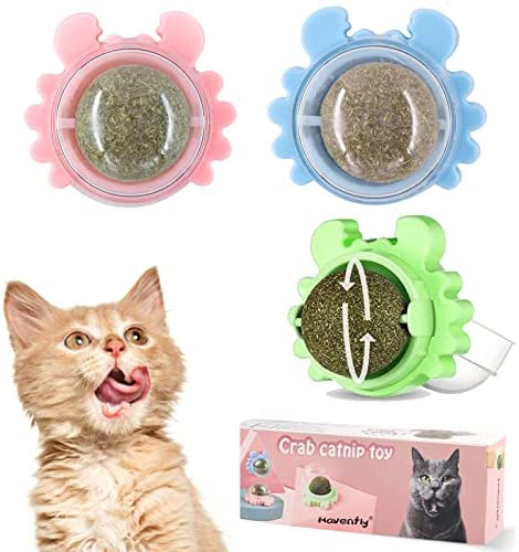 Havenfly 3 Catnip Balls Toy for Cats, 360°Rotatable Natural Edible Healthy Self-Adhesive Cat Nip Wall Mounted Treats, Cat Chew Toys, Help Cats Teeth cleaning, Relieve Stress, Removal Hairball