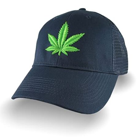 Cannabis Pot Marijuana Leaf 3D Puff Bud Green Embroidery on an Adjustable Navy Blue Soft Structured Trucker Style Classic Cap