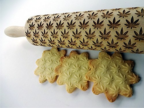 Embossing rolling pin with CANNABIS LEAVES Engraved wooden embossed dough roller for embossed cookies or clay by Algis Crafts