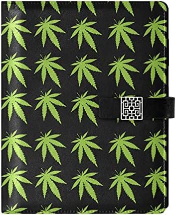 Green Cannabis Leaves On Black Refillable Journal Writing Notebook, PU Leather Hardcover Diary Note Book, Planner A5 Ruled Notepad for Agenda with Pen Holder