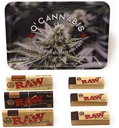 RAW Legalization Bundle - O'Cannabis Tray, RAW 1 1/4 Size Classic, Organic Hemp, Black Rolling Papers, and RAW Tips